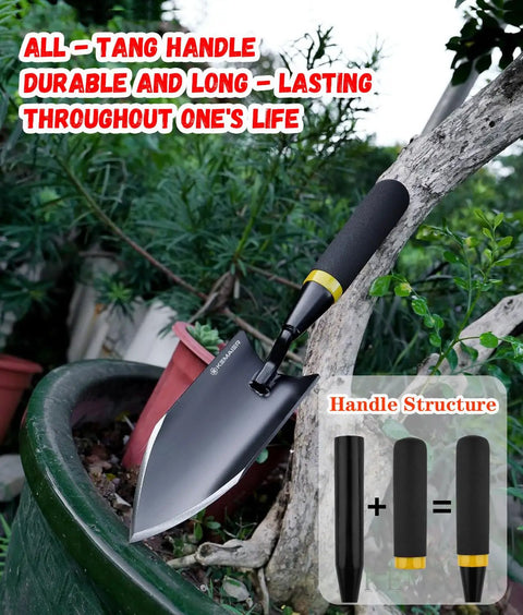 Rugged Heavy Duty Gardening Hand Trowel With Carbon Steel Blade and Rubberized Ergonomic Handle for rocky soil, in garden setting.
