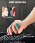Hand using Three Pack Tire Tread Depth Gauge Set with Color Coded Readouts in Thirty Second Inch Increments on a tire.