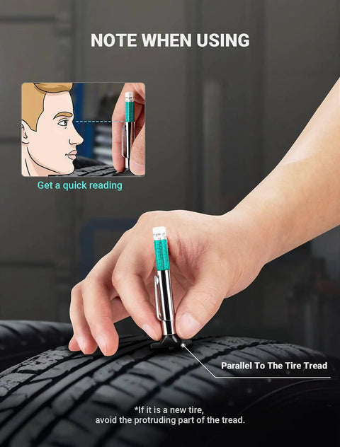 Hand using Three Pack Tire Tread Depth Gauge Set with Color Coded Readouts in Thirty Second Inch Increments on a tire.