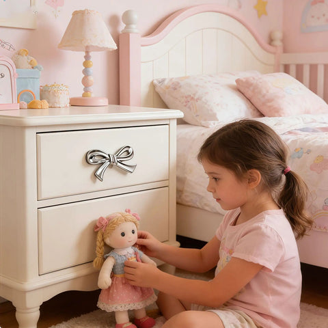 A child's bedroom with a white dresser featuring Pink And Silver Bow Dresser Knobs For Kids Rooms, Zinc Alloy 3D Decorative Drawer Pulls.