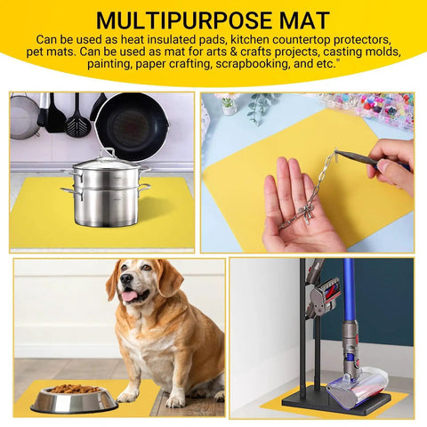 Multipurpose mat for kitchen, crafting, pets; shown with cookware, crafting tools, pet bowl, and Sturdy Metal Dyson Cordless Vacuum Stand Docking Station Holder Built To Last With Universal Compatibility For V6 V7 V8 V10 V11 V12 V15 And DC Series Keeps Your Vacuum Neat And Ready To Grab.