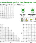 Diagram showing Modular Cube Storage Organizer 30 Cube Shelving Unit DIY Plastic Bookshelf layout with dimensions and uses