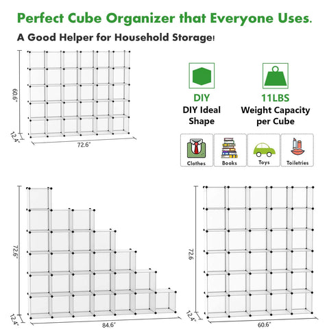 Diagram showing Modular Cube Storage Organizer 30 Cube Shelving Unit DIY Plastic Bookshelf layout with dimensions and uses