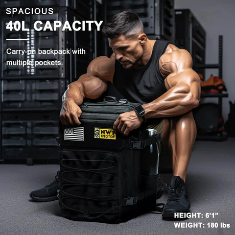 Man demonstrating 40L Tactical Backpack For Work And Outdoors, 40L Heavy Duty Rucksack With MOLLE, in gym setting, black