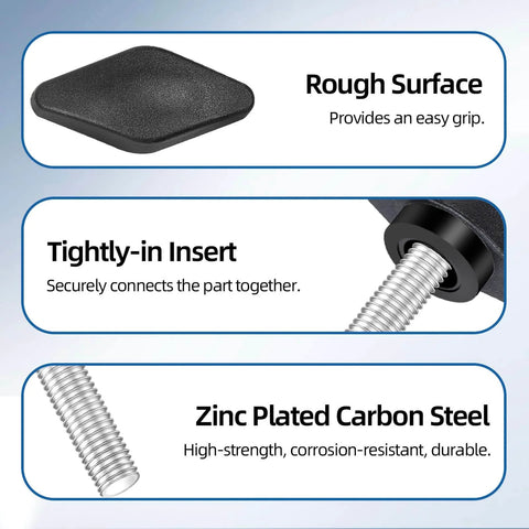 Close-up of M6 20mm Thumb Screws With T Handle Wing Knobs showing rough surface, tightly-insert, and zinc-plated carbon steel.