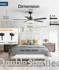 Top Shelf 52 Inch Smart Ceiling Fan With Killer Led Lighting And Handy Remote Control Downrod Mount Matte Black Finish for Living Rooms and Main Bedrooms, showing dimensions.