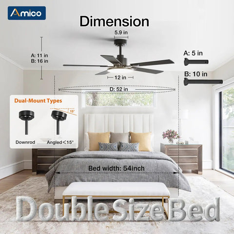 Top Shelf 52 Inch Smart Ceiling Fan With Killer Led Lighting And Handy Remote Control Downrod Mount Matte Black Finish for Living Rooms and Main Bedrooms, showing dimensions.