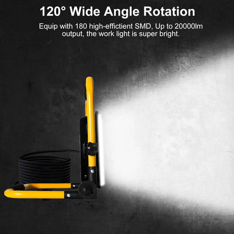 Top Tier Beast 200W LED Work Light Packing 20000 Lumens And 6500K Daylight Beam, side angle view with 120° rotation feature.