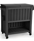 85 Quart Rolling Patio Cooler Cart With Built In Bottle Opener And Drainage On Wheels For Pool Deck Backyard Parties BBQ Ready Ice Chest With Trash Can Holder Spice Rack And Extra Storage Black, front view