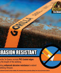 Real Deal Heavy Duty Retractable Ratchet Tie Down Straps Orange One Inch By Sixteen Feet Two Pack on metal surface showing abrasion resistant feature.