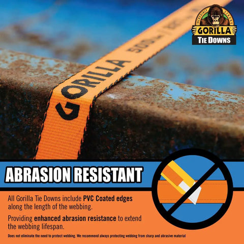 Real Deal Heavy Duty Retractable Ratchet Tie Down Straps Orange One Inch By Sixteen Feet Two Pack on metal surface showing abrasion resistant feature.