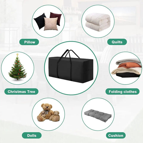 Extra Large 68 Inch Outdoor Cushion Storage Bag For Patio Furniture All Weather Waterproof With Zipper And Handles Fits Cushions Up To 68 Inches Long, 29 Inches High, 20 Inches Wide Black with illustrations of stored items like pillows and quilts