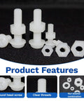 Kickass 500 Piece White Nylon Plastic Hex Head Screw And Nut Assortment Kit With Flat Washers And Nylon Gaskets Metric Full Threaded Fasteners In Sizes M2 To M6 For Quick Fixes And No Sweat Diy Repairs featuring assorted white nylon screws, nuts, and washers