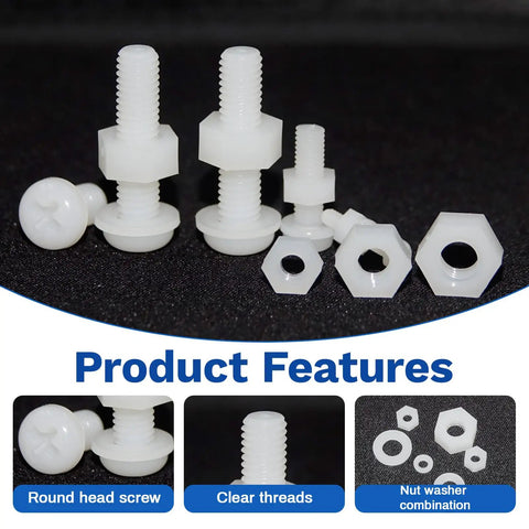 Kickass 500 Piece White Nylon Plastic Hex Head Screw And Nut Assortment Kit With Flat Washers And Nylon Gaskets Metric Full Threaded Fasteners In Sizes M2 To M6 For Quick Fixes And No Sweat Diy Repairs featuring assorted white nylon screws, nuts, and washers