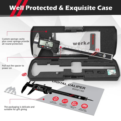 Pro Grade Precision Digital Caliper 0 To 6 Inch Measuring Tool With Auto Off And 0.001 Inch Accuracy in black case with manual