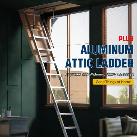 Beefy Heavy Duty Aluminum Attic Ladder 25 By 54 Inch With 375 Pound Capacity Pull Down Access For Ceilings Ranging From 7 Ft 8 In To 10 Ft 3 In Easy Install Durable Construction For Safe Home Storage installed in room