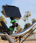 Savior Spring Clamp Mini Fast Mount Torsion Clamp holding phone on bike handlebar, anodized aluminum