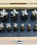 Front view of Shars 10-piece HSS end mill set in a wooden box; uncoated, 4-flute, single-end center-cut.