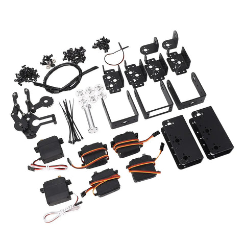 Heavy Duty 6DOF Mechanical Arm Claw Kit With Dual Power Control For College Teaching Maker Education And Small Scale Industrial Robot Manipulator Projects Using High Torque Servo Motors parts including metal frame and servo motors.