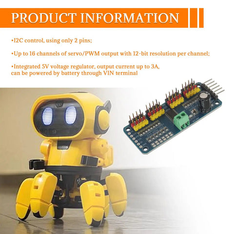 Sixteen Channel PWM Servo Driver Board With 12 Bit I2C Interface PCA9685 Module and robot illustration