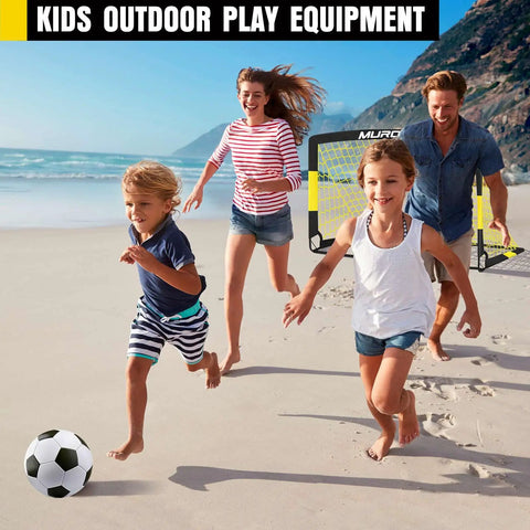 Family playing on beach with soccer goal and ball, Backyard Kids Soccer Goal Set 2 Pack 4x3 Ft Portable Pop Up Net With Soccer Ball