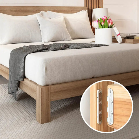Surface Mounted Bed Rail Brackets 4 Pack With Mounting Screws For Bed Frame Headboard And Footboard No Mortise Hardware Burr Free Alloy Steel Construction For Safe Easy Install shown mounted on a wooden bed frame in a bedroom setting.
