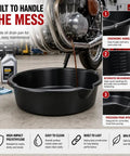 Huge 7 Qt Oil Drain Pan With Built Scale, Leak Proof Spout And Splash Guard showing ergonomic design and measurement scale.