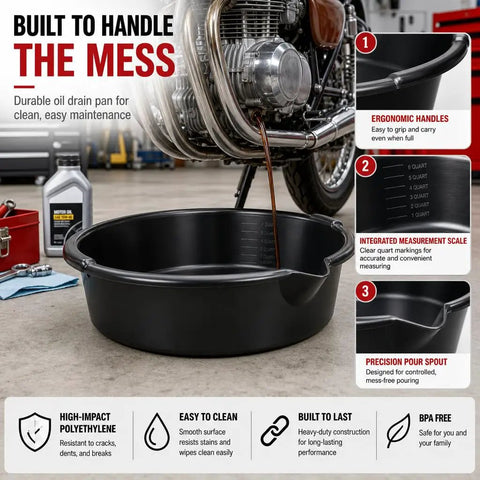 Huge 7 Qt Oil Drain Pan With Built Scale, Leak Proof Spout And Splash Guard showing ergonomic design and measurement scale.