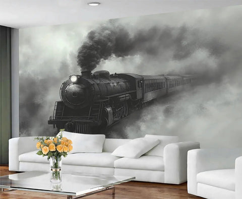 Retro Steam Train Mural 59 By 41 Inch Silk Cloth Wall Art For Living Room And Bedroom Not Peel And Stick Vintage Locomotive Wallpaper