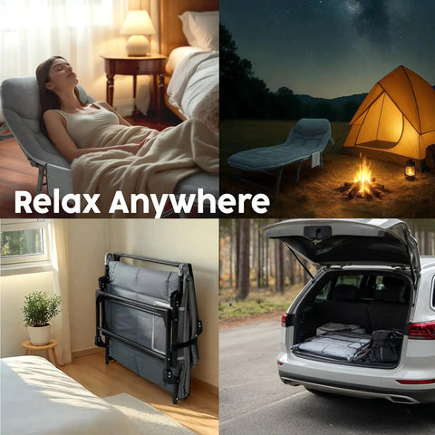 Go To Adjustable Folding Camping Cot With Mattress For Indoor And Outdoor Use 70 Inch Long Portable Guest Bed scenes