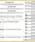 Piercing Taper Ball Grabber Tool Set 14G 16G 18G 20G Stainless Steel insertion pin details and measurements