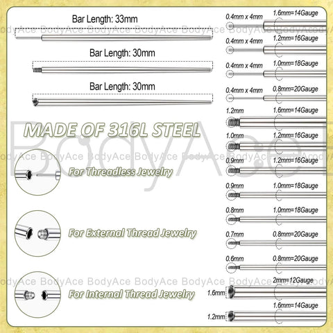 Piercing Taper Ball Grabber Tool Set 14G 16G 18G 20G Stainless Steel insertion pin details and measurements