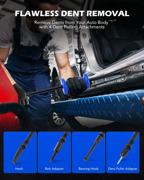 All In One Slide Hammer Puller Kit DIY Ready 22 Piece With One Inch To Two Inch And Seven Eighths Inch Adapters in use for dent removal