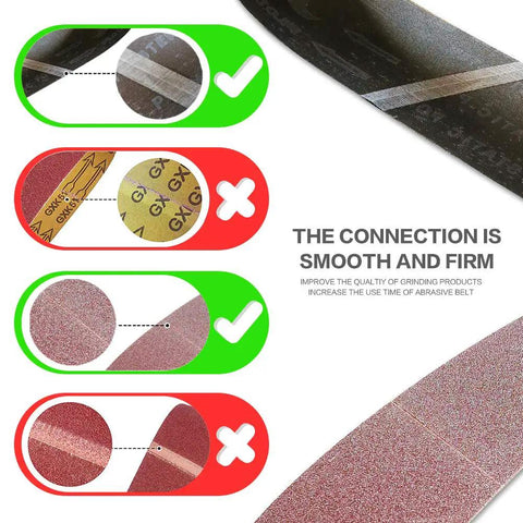 Close-up of 3X18 sanding belts showing correct and incorrect connections for Premium 3X18 Sanding Belt Pack 12 Piece Set Featuring Aluminum Oxide 80 120 150 Grit Assortment.