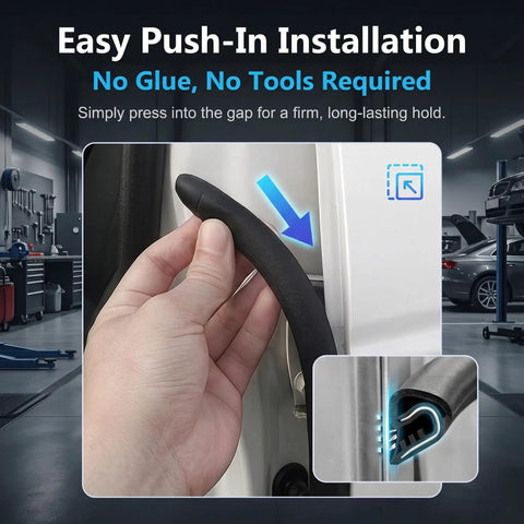 Hand installing 2 Pack Car Door Weather Stripping B Pillar Seal Rubber U Shape Edge Trim 2.62 Ft on vehicle door edge.