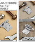Beefy 4 Pack Heavy Duty Self Closing Hidden Cabinet Door Hinges iron finish in multiple angles with tools displayed.
