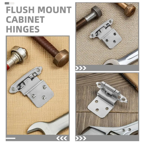 Beefy 4 Pack Heavy Duty Self Closing Hidden Cabinet Door Hinges iron finish in multiple angles with tools displayed.