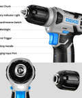 Close-up of 8V Cordless Drill Kit With LED Light, showing keyless chuck, battery indicator, control trigger, and ports.