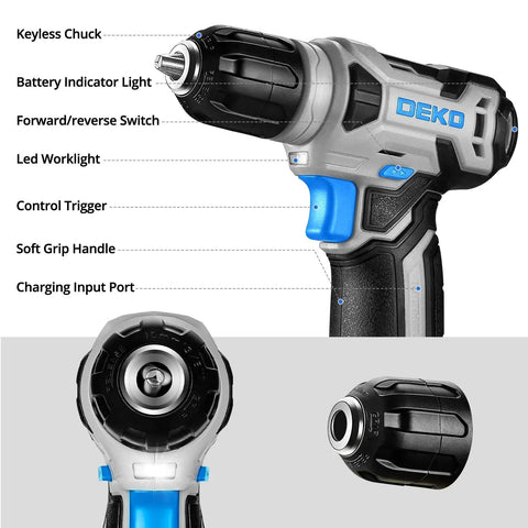 Close-up of 8V Cordless Drill Kit With LED Light, showing keyless chuck, battery indicator, control trigger, and ports.