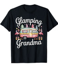 Black Glamping Grandma T Shirt with pink camper and flamingo design, perfect for outdoorsy women, moms, and wives.