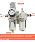 Front view of 3/8 NPT Air Filter Regulator Lubricator Combo Piggyback Unit showing gauge and poly bowls with instructions.