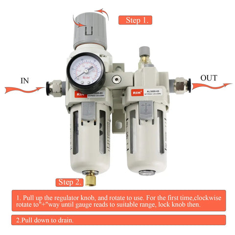 Front view of 3/8 NPT Air Filter Regulator Lubricator Combo Piggyback Unit showing gauge and poly bowls with instructions.