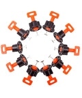 Tile Leveling System Kit With 100 Tile Levelers, 2 Wrenches And 500 2mm Spacers arranged in a circular pattern.