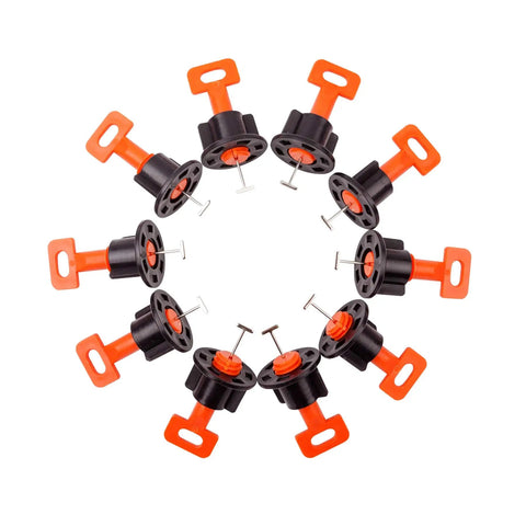 Tile Leveling System Kit With 100 Tile Levelers, 2 Wrenches And 500 2mm Spacers arranged in a circular pattern.
