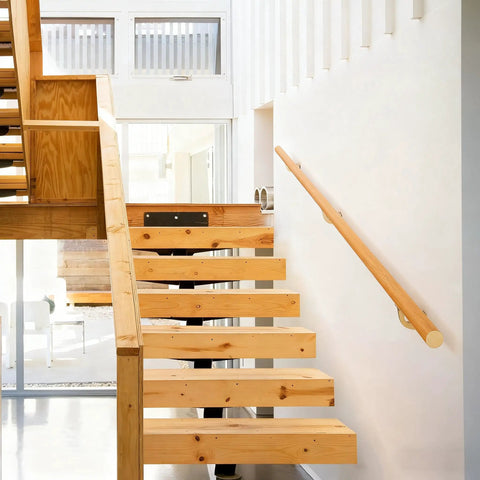 Built Tough Lifetime Rust Free Aluminum Handrail For Indoor Stairs And Backyard Decks No Sweat 5Ft Wall Mount Setup with light wood stairs.