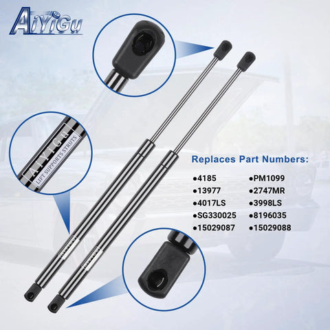 Close-up of rear window glass liftgate shocks and struts for Cadillac Escalade 2000-2006, focuses on metal rods and end connectors.