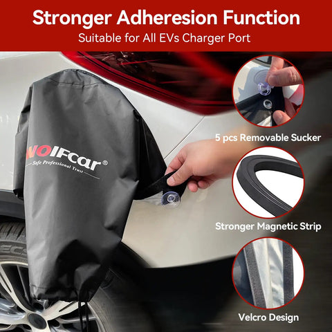 All Weather EV Charger Cover Outdoor Double Sided Shield With Magnetic Fasteners And Suction Cups Waterproof UV Resistant installed on car port
