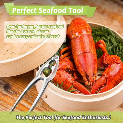Steamed lobster with metal cracker beside. Three Piece Lobster Crackers And Picks Set Stainless Steel Crab Leg Tools Includes One Lobster Cracker And Two Forks Heavy Duty Shellfish Nut Cracker For King Crab Legs And Claws Durable Zinc Alloy And Stainless Build displayed.