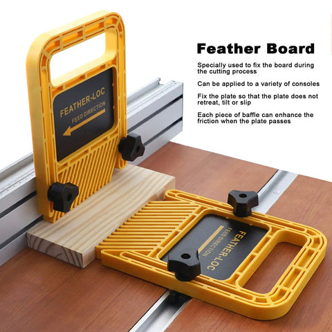 Adjustable Woodworking Featherboard Jig, Six Inch Abs Safety Clamping Tool With Rock Solid Non Slip Holders in use on a router table.