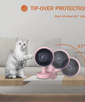 Cat near pink compact desk heater with 45-degree tilt showing tip-over protection, Compact Desk Heater That Cranks 1200W With PTC Ceramic Heating.